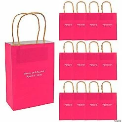 Coupon 🎁 6 1/2" x 9" Hot Pink Medium Personalized Kraft Paper Gift Bags with Silver Foil - 12 Pc. 🧨